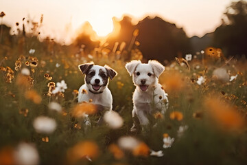  dog puppies in a flower meadow warm light on a beautiful summer day colorfull 