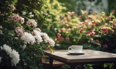 Obraz na płótnie Canvas a cup of coffee sits on a table in a garden. generative ai