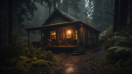 Fototapeta na wymiar Cozy cabin in the woods raining. Generative AI.