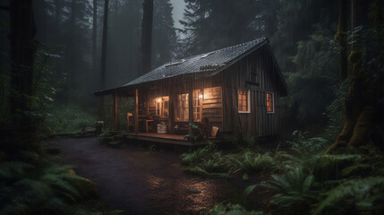 Cozy cabin in the woods raining. Generative AI.