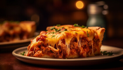 Freshly baked lasagna with mozzarella and parmesan cheese generated by AI