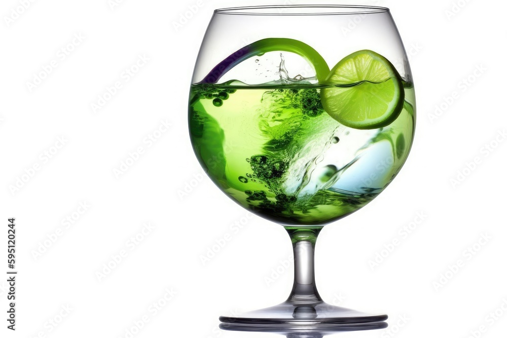 Poster refreshing drink with lime slices in a clear glass. generative ai