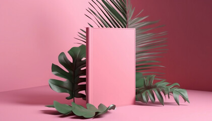 Summer concept ornament leaves and Palm,pink book cover design, Plant Border, Botanical frame, Abstract, Generative AI