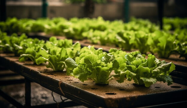 Fresh Organic vegetables salad growing garden hydroponic farm. Based on generative Ai.