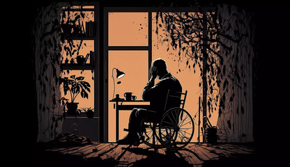 Fototapeta na wymiar The man is sitting in a wheelchair. Depression, loneliness. Generative AI