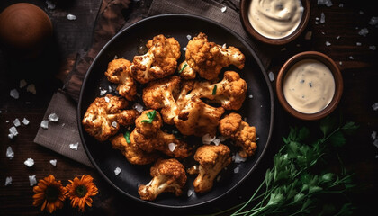 Fried chicken leg on rustic wooden plate generated by AI