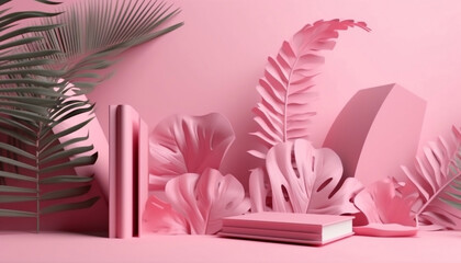 Summer concept ornament leaves and Palm,pink book cover design, Plant Border, Botanical frame, Abstract, Generative AI