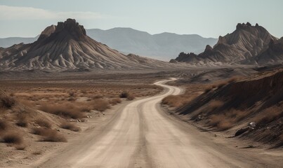 Fototapeta na wymiar a dirt road in the middle of a desert with mountains in the background. generative ai