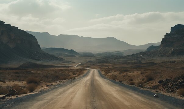  a dirt road in the middle of a desert with mountains in the background.  generative ai