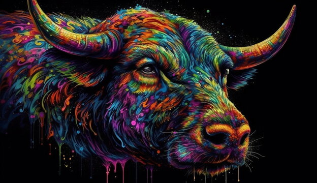 Psychedelic Bull with Vibrant Colorful Watercolor art style. Isolated on Black Background. Based on Generative Ai.
