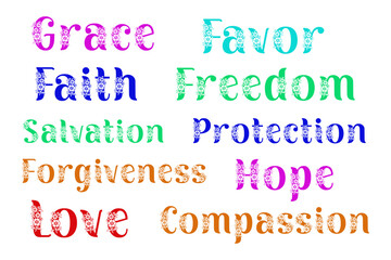 Christian word stickers with floral style and in various colors