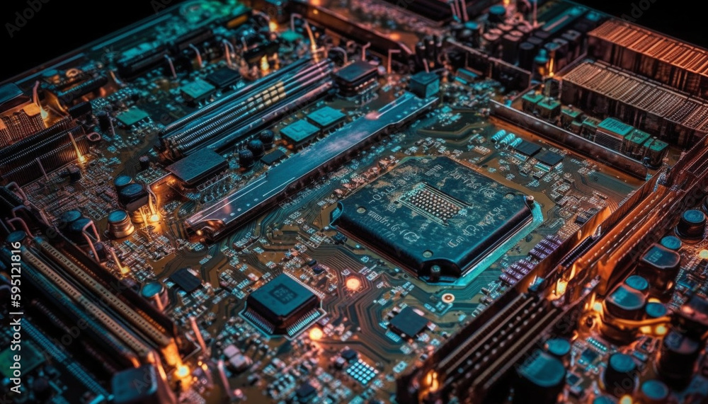 Poster glowing computer chip on motherboard shows technological progress generated by ai