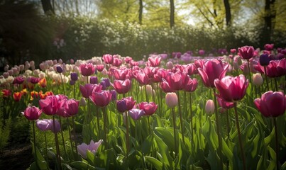  a field of pink and purple tulips in the sun.  generative ai