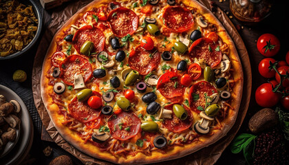 Fototapeta na wymiar Freshly baked pizza with mozzarella and salami generated by AI