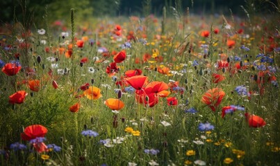  a field full of red, white, and blue flowers.  generative ai