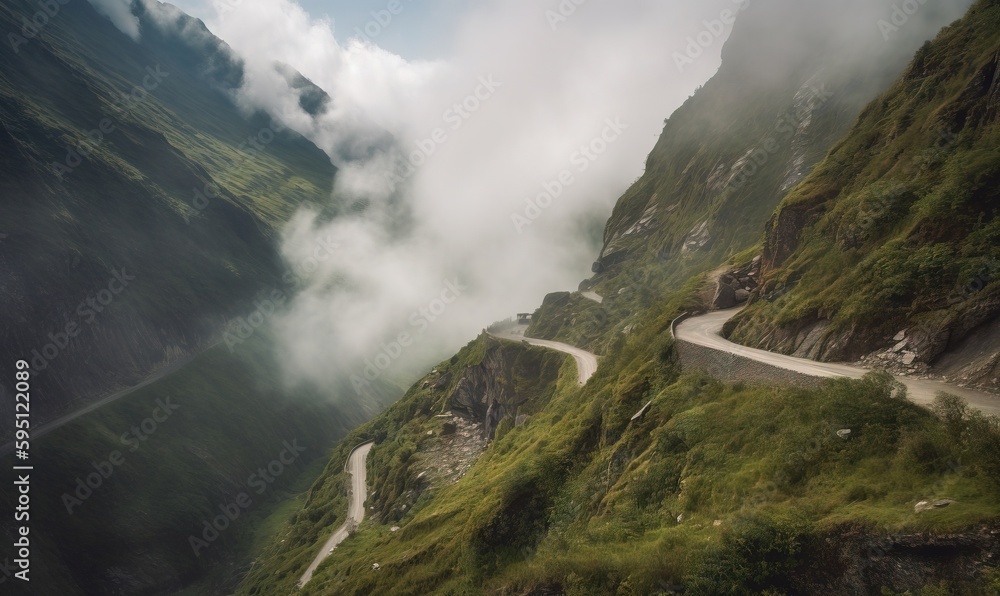 Sticker  a winding road in the mountains surrounded by fog and clouds.  generative ai