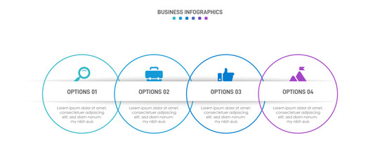 Timeline infographic with infochart. Modern presentation template with 4 spets for business process. Website template on white background for concept modern design. Horizontal layout.