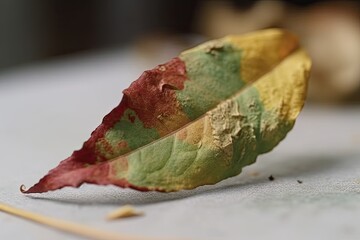 single green leaf resting on a wooden table. Generative AI