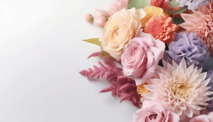 Happy Mother?s Day or Women?s Day greeting card with a bouquet of beautiful flowers in pastel colors on a white background and for your text, Generative AI