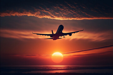 Fototapeta na wymiar airplane at sunset with copy space background