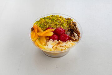 Table scene of assorted take out or delivery foods. Traditional Turkish cuisine. Various Turkish desert and cake. Top down view on a table.