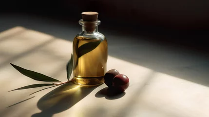 Foto op Canvas Olive oil in small bottle with olives and with branch of olive tree with soft shadow. Generative AI. © DRasa
