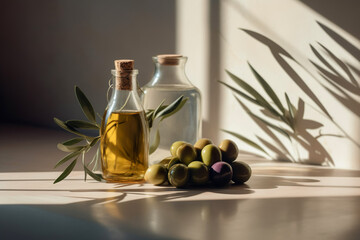 Olive oil in vintage bottles with olives and with branch of olive tree with soft shadow. Generative AI.