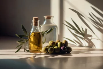 Tuinposter Olive oil in vintage bottles with olives and with branch of olive tree with soft shadow. Generative AI. © DRasa
