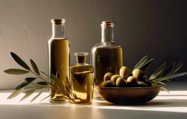 Gordijnen Olive oil in vintage bottles with olives and with branch of olive tree with soft shadow. Generative AI. © DRasa