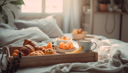 Fototapeta na wymiar Cozy bed, fresh croissant, hot coffee, relaxation generated by AI
