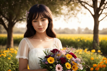 Naklejka premium Portrait of a woman with bouquet of flowers in a garden. Generative AI.