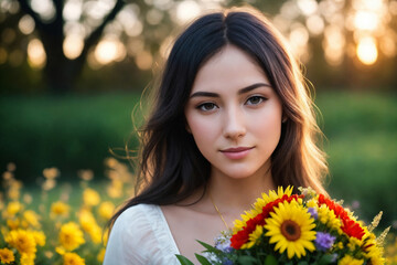 Naklejka premium Portrait of a woman with bouquet of flowers in a garden. Generative AI.