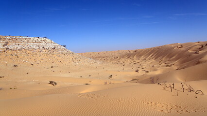 Rock topped hill in a valley surrounded by sand dunes in the Sahara Desert, outside of Douz, Tunisia
