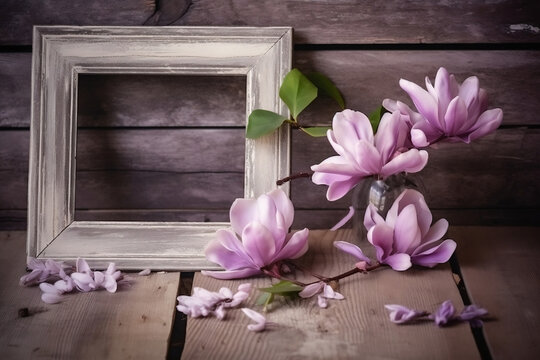 Vintage photo frame with lilac and magnolia flowers against a rustic background of weathered wooden planks (Generative AI)