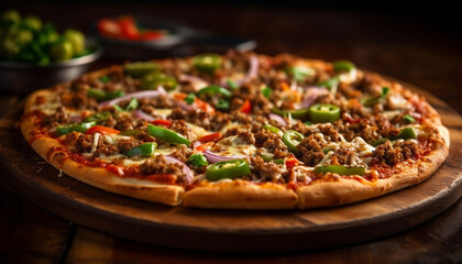 Freshly baked homemade pizza on rustic wood table generated by AI