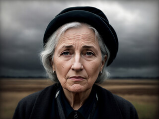 Dramatic portrait of an elderly woman, late autumn landscape as background, dark sky with storm clouds. Generative AI.