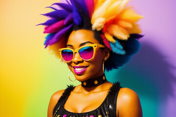 Fototapeta premium Portrait of an african woman with colorful hair and sunglasses on abstract painted background, summer vibrancy. Generative AI.
