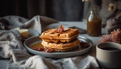 Stacked pancakes with honey and fresh berries generated by AI
