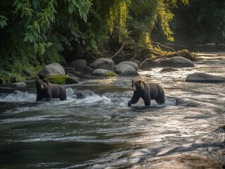 Bears walking in a river