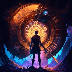 cavern of time with a surreal clockwork, time traveler - portal to another dimension, fantasy illustration, generative ai