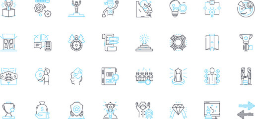 Evaluation planning linear icons set. Assessment, Metrics, Targets, Scope, Objectives, Analysis, Criteria line vector and concept signs. Strategy,Outcomes,Goals outline illustrations