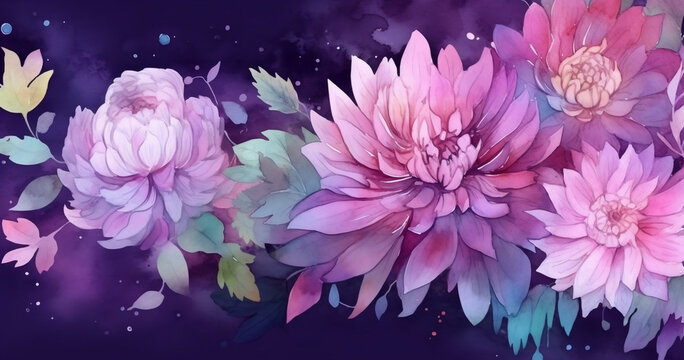 Colorful flowers and blossoms on a purple background painted with watercolors, banner, mother's day,wedding, love (Generative AI)