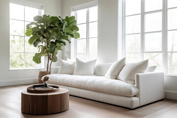 Simple interior design luxury living room with white sofa and plant