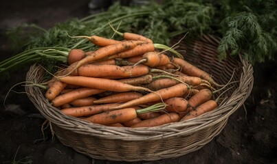 a basket full of carrots sitting on the ground next to some plants.  generative ai