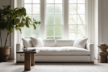 Luxury interior of living room and white linen sofa home