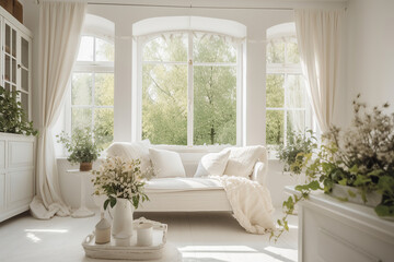 Shabby chic style cottage living room with white linen sofa