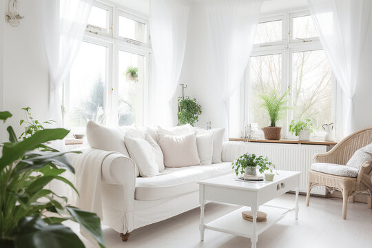Cozy cottage style living room with white linen sofa and plants