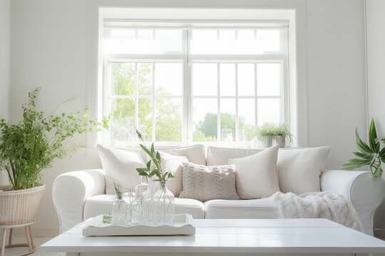 Cozy white cottage style living room with white linen sofa and plants