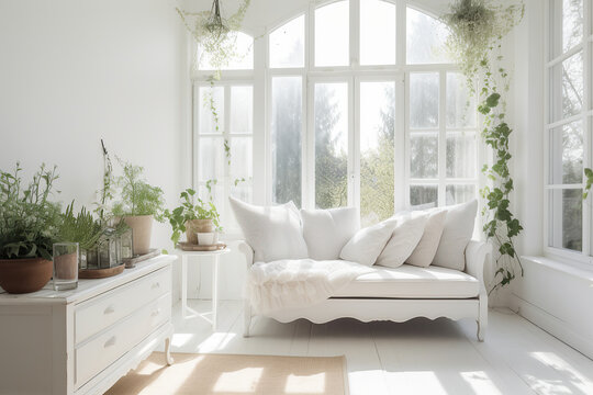 Cute cozy white boho style cottage living room with white linen sofa