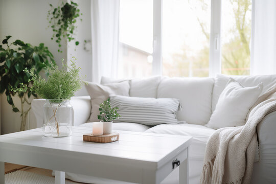 Cozy white cottage style living room with white linen sofa coffee table